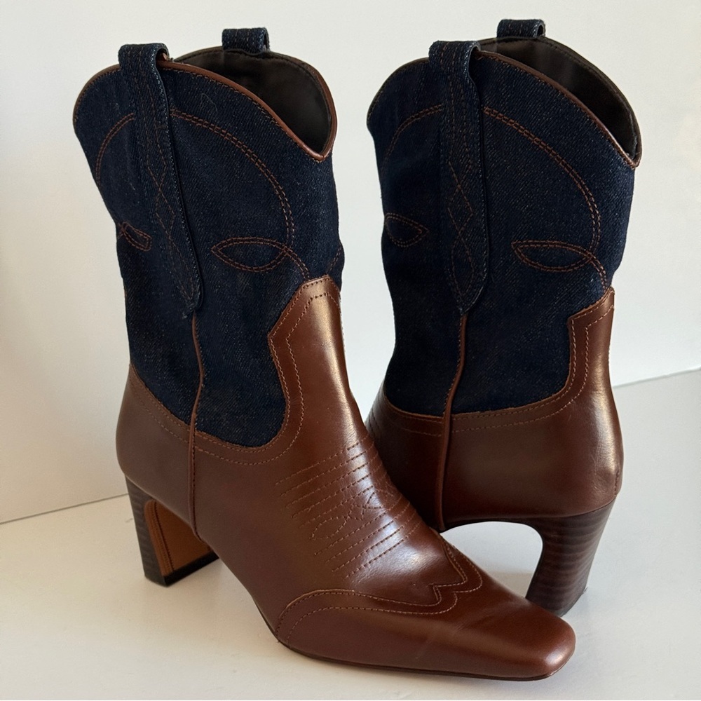 Steve Madden Josefine Western Ankle Boots Brown & Blue Denim Size 8M - Picture 7 of 12